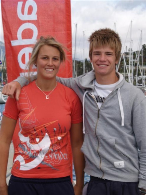Women’s National Foiler Moth Champion Sam England and team mate James Owen Smith all smiles ahead of racing on Day Two.Bellerive Yacht Club’s Crown Series Regatta 2008 © Jane Austin